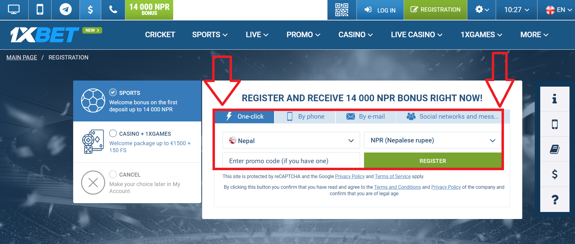 1XBET offers bonuses after the login